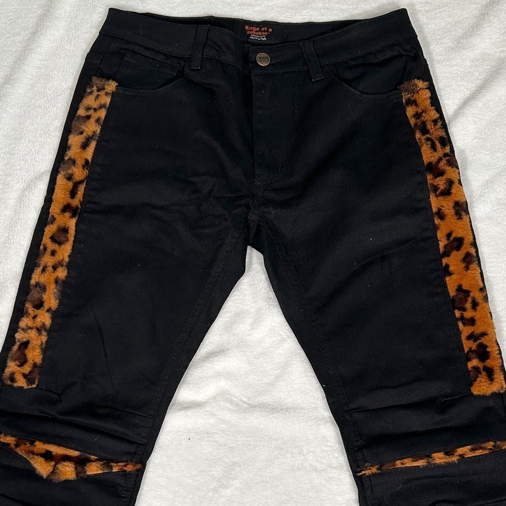 Rage of a Rebellion men's jeans with leopard print faux fur panels.